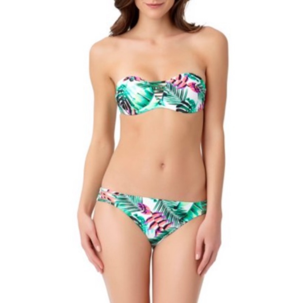 Tropical White & Green Colorful Tropical Palm Leaf Print Bandeau Bikini